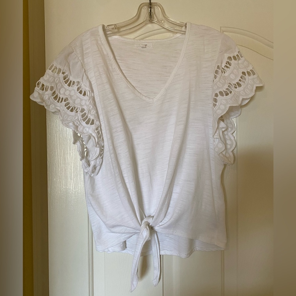 Maurices Women’s Tie Front Top with Flutter Crochet Lace Sleeves White Medium M